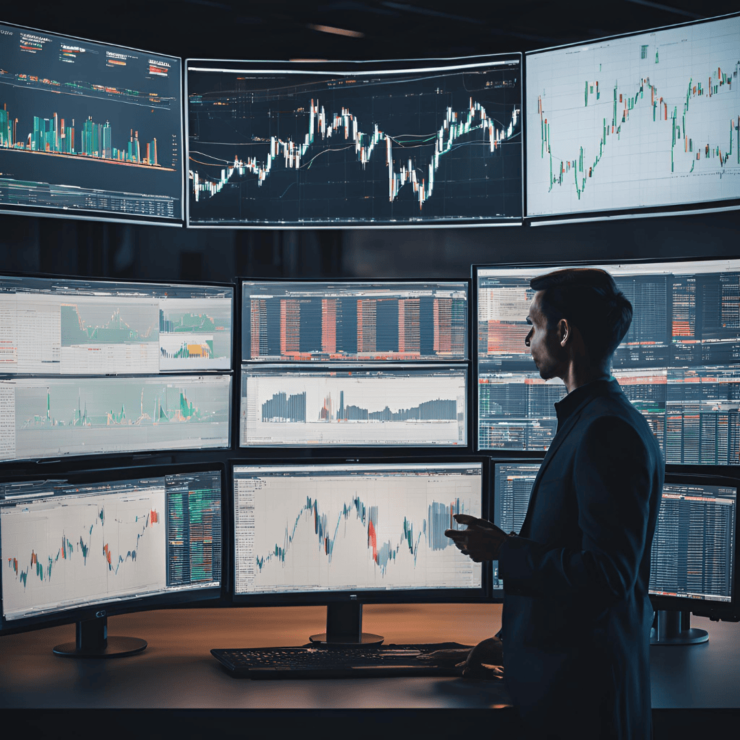 Postazione di trading con monitor e grafici